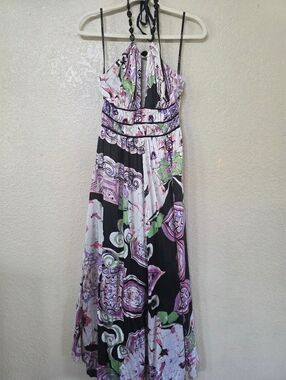 bebe Black, White & Purple Floral Halter Maxi Dress